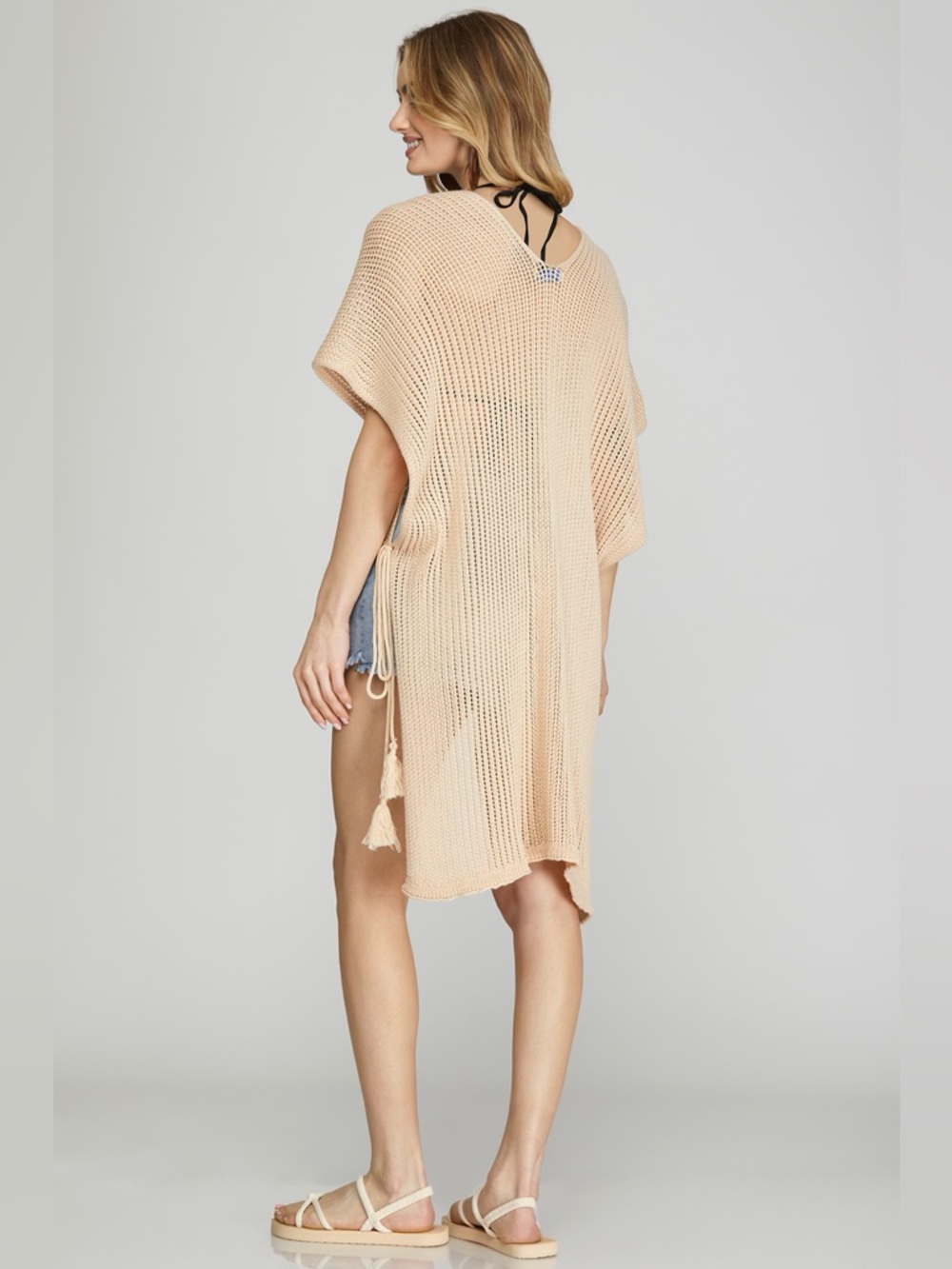 She + Sky Taupe Drop Shoulder Side Tasel Tie Cover Up Tunic Top - Picture 2 of 2